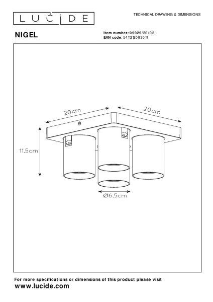 Lucide NIGEL - Plafondspot - LED Dim to warm - GU10 - 4x5W 2200K/3000K - Mat Goud / Messing - technisch